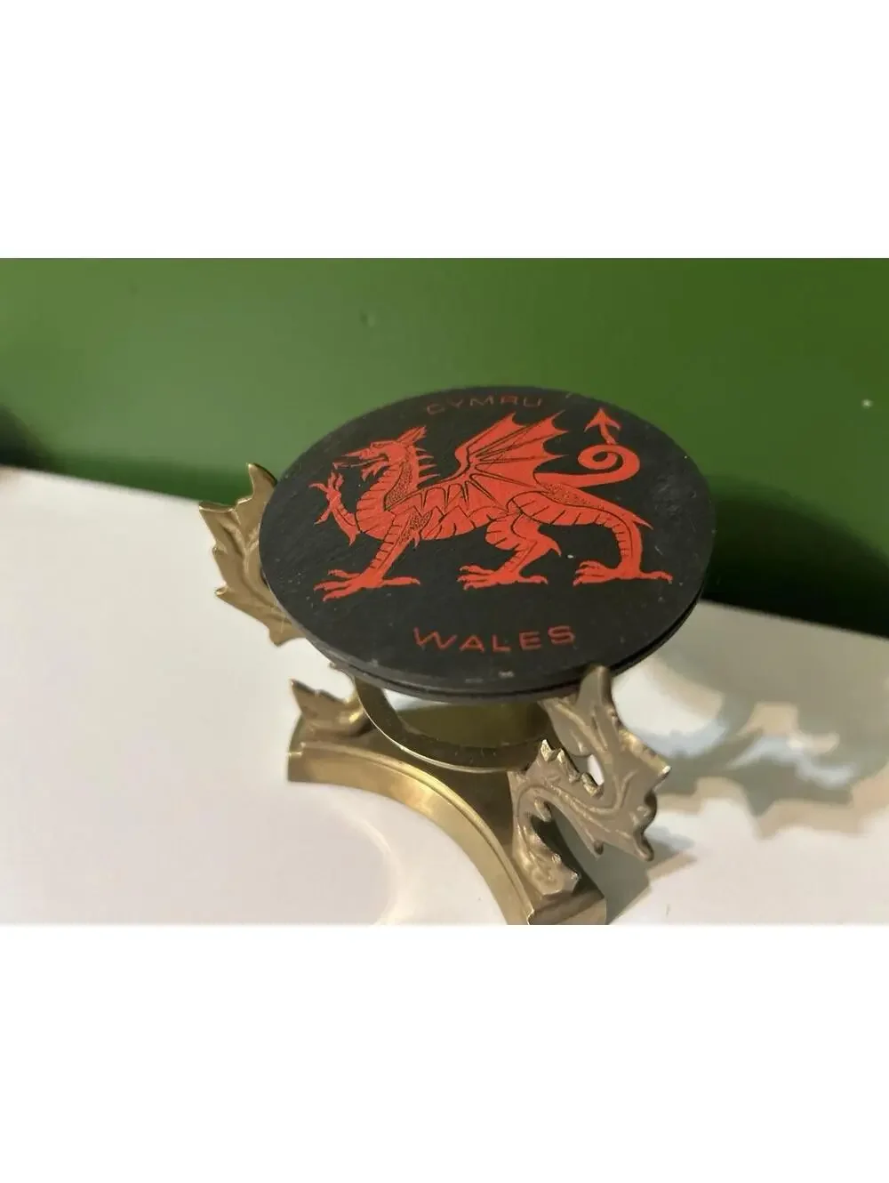 Vintage Wales Cymru Red Dragon Slate Coasters + Brass Acanthus Leaf Holder Set